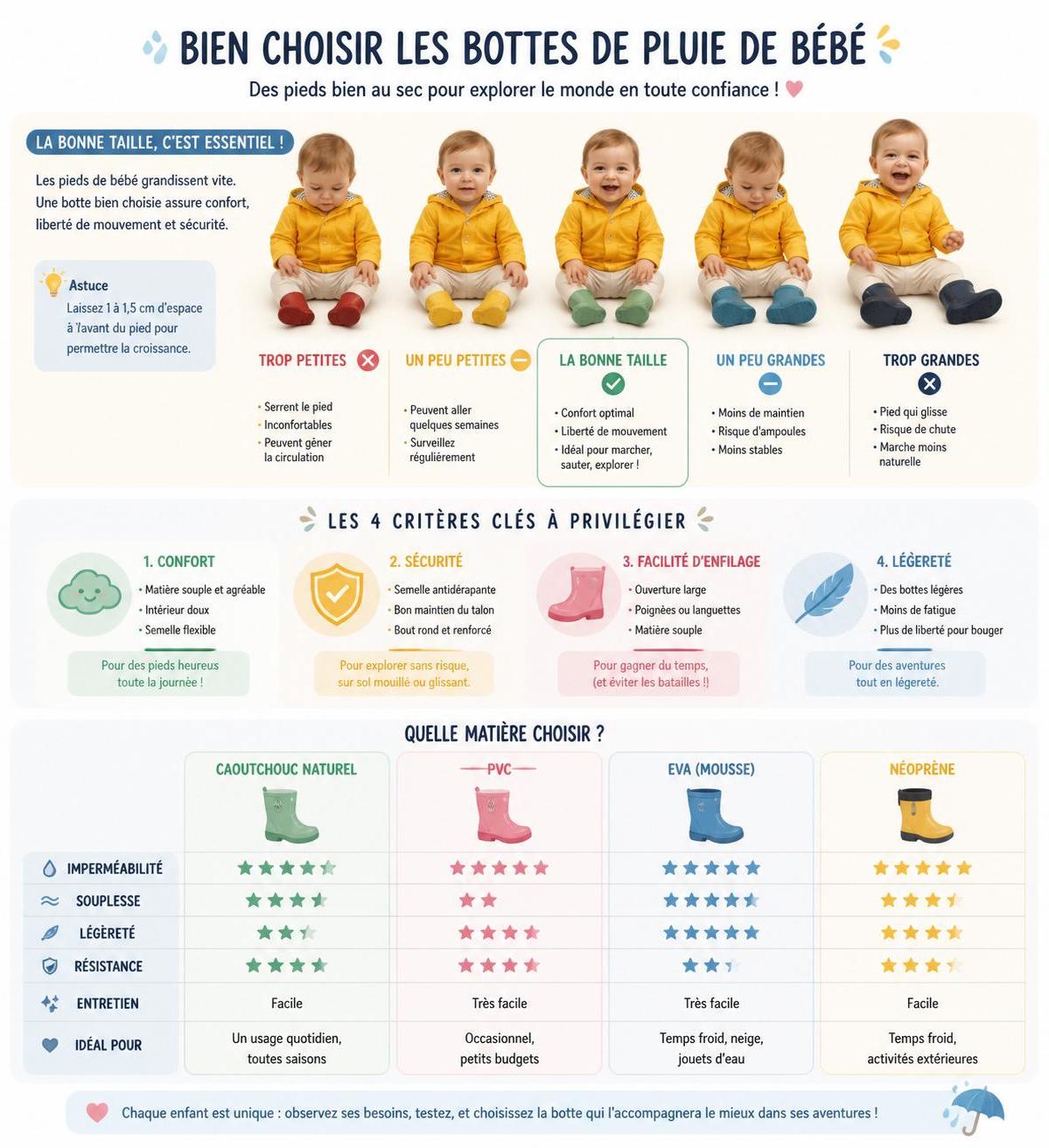 découvrez nos conseils pour choisir la taille parfaite et la matière idéale des bottes de pluie pour bébé, alliant confort, protection et style.
