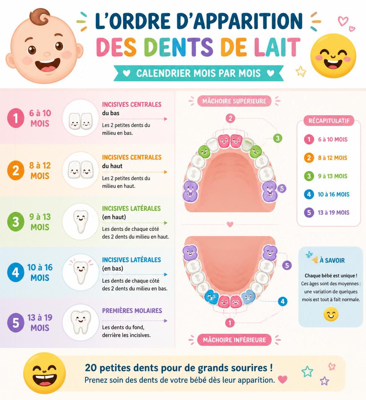 découvrez tout sur les dents de bébé : l'ordre d'apparition, les signes de la poussée dentaire et des remèdes efficaces pour soulager votre enfant.