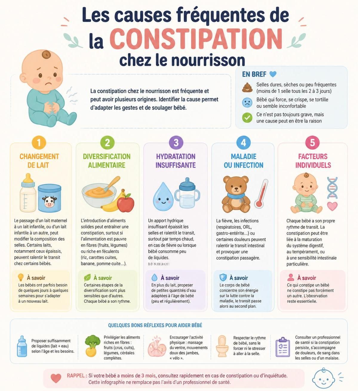 découvrez les causes de la constipation chez le bébé, des remèdes doux pour le soulager, et les signes indiquant quand consulter un pédiatre pour assurer le bien-être de votre enfant.