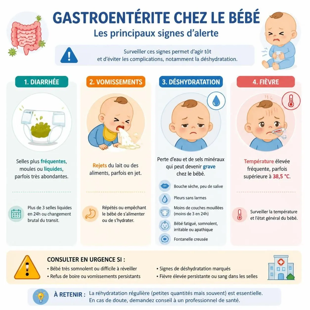 découvrez les signes de la gastroentérite chez le bébé, les gestes à adopter pour le soulager et les situations nécessitant une consultation médicale urgente.