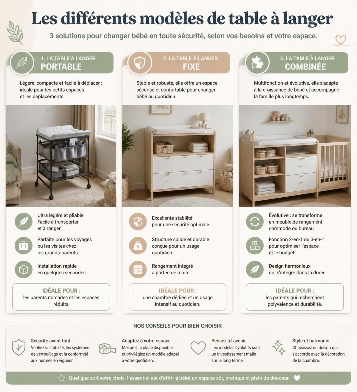 découvrez notre guide complet pour choisir la table à langer idéale : portable, fixe ou combinée, toutes les options pour un choix adapté à vos besoins et à votre espace.