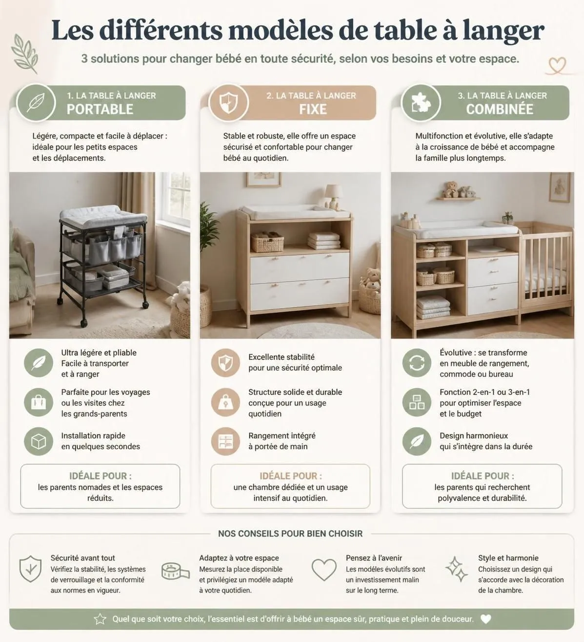 découvrez notre guide complet pour choisir la table à langer idéale : portable, fixe ou combinée, toutes les options pour un choix adapté à vos besoins et à votre espace.