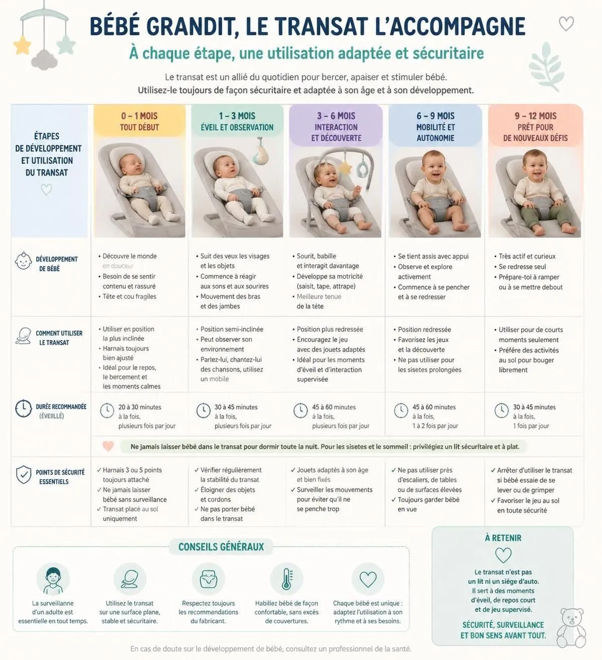 découvrez comment choisir un transat bébé adapté, à quel âge l'utiliser en toute sécurité, et les règles essentielles pour garantir le bien-être de votre enfant.