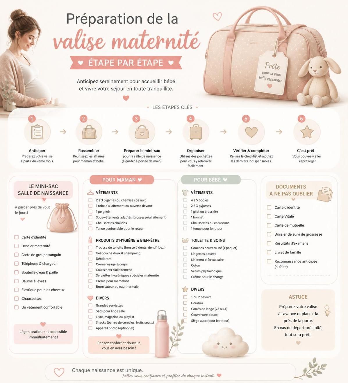 découvrez la liste complète et essentielle pour préparer votre valise maternité, incluant tout ce qu'il faut emporter pour maman et bébé, afin d'être prête pour le grand jour en toute sérénité.