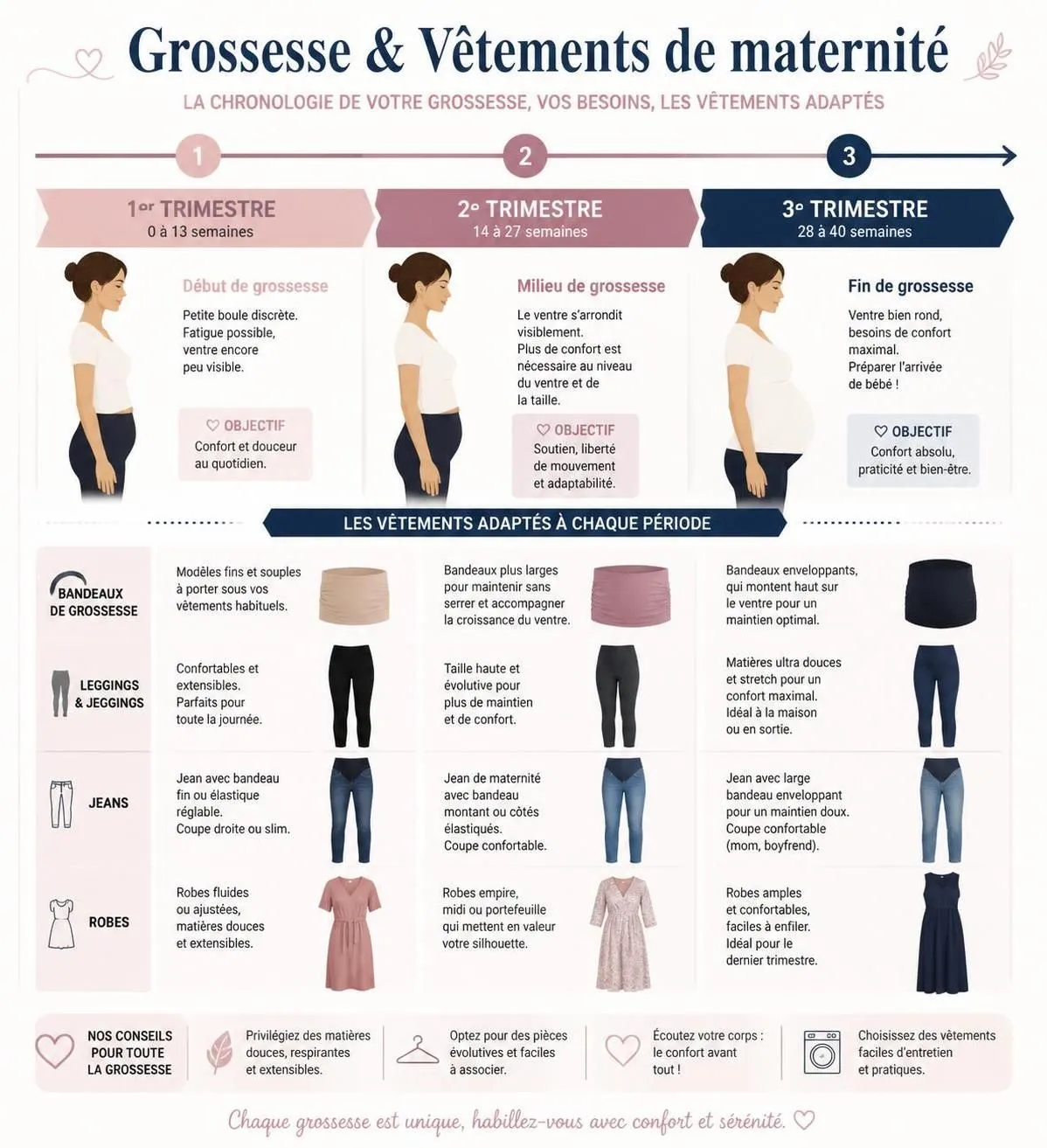 découvrez quand acheter vos vêtements de grossesse, quels indispensables choisir pour être à l'aise et élégante, et nos astuces pour ne pas vous ruiner.
