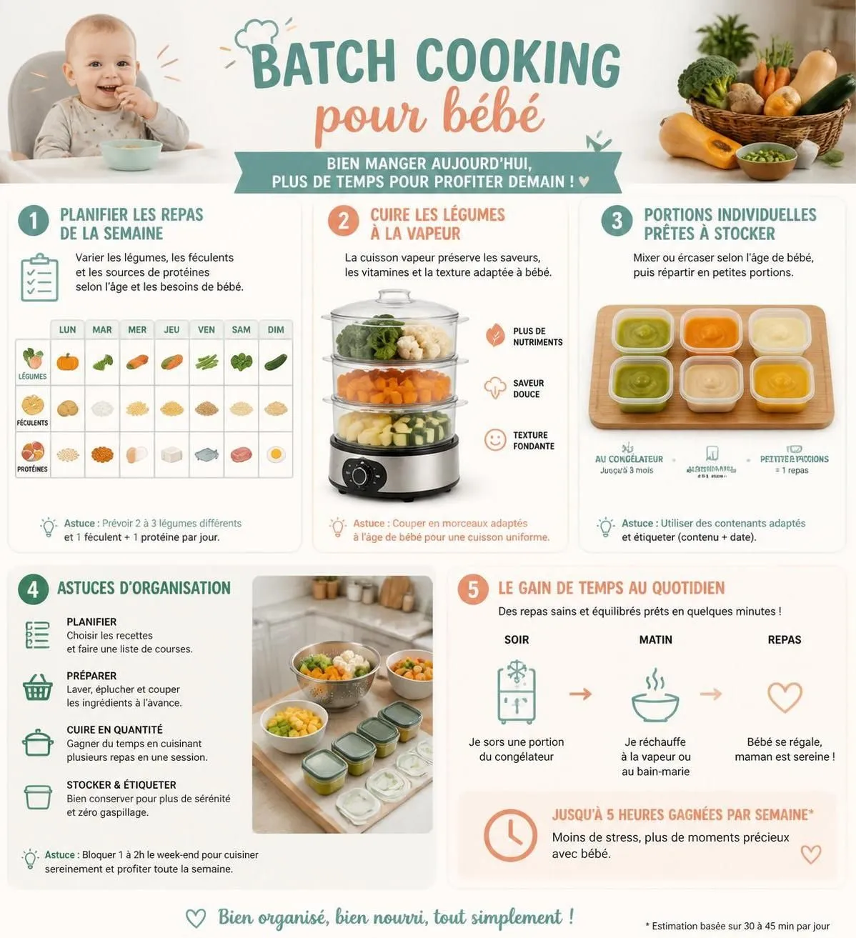 découvrez comment préparer facilement et rapidement les purées maison pour bébé grâce au batch cooking. organisez vos repas de la semaine en moins d'une heure pour une alimentation saine et savoureuse.