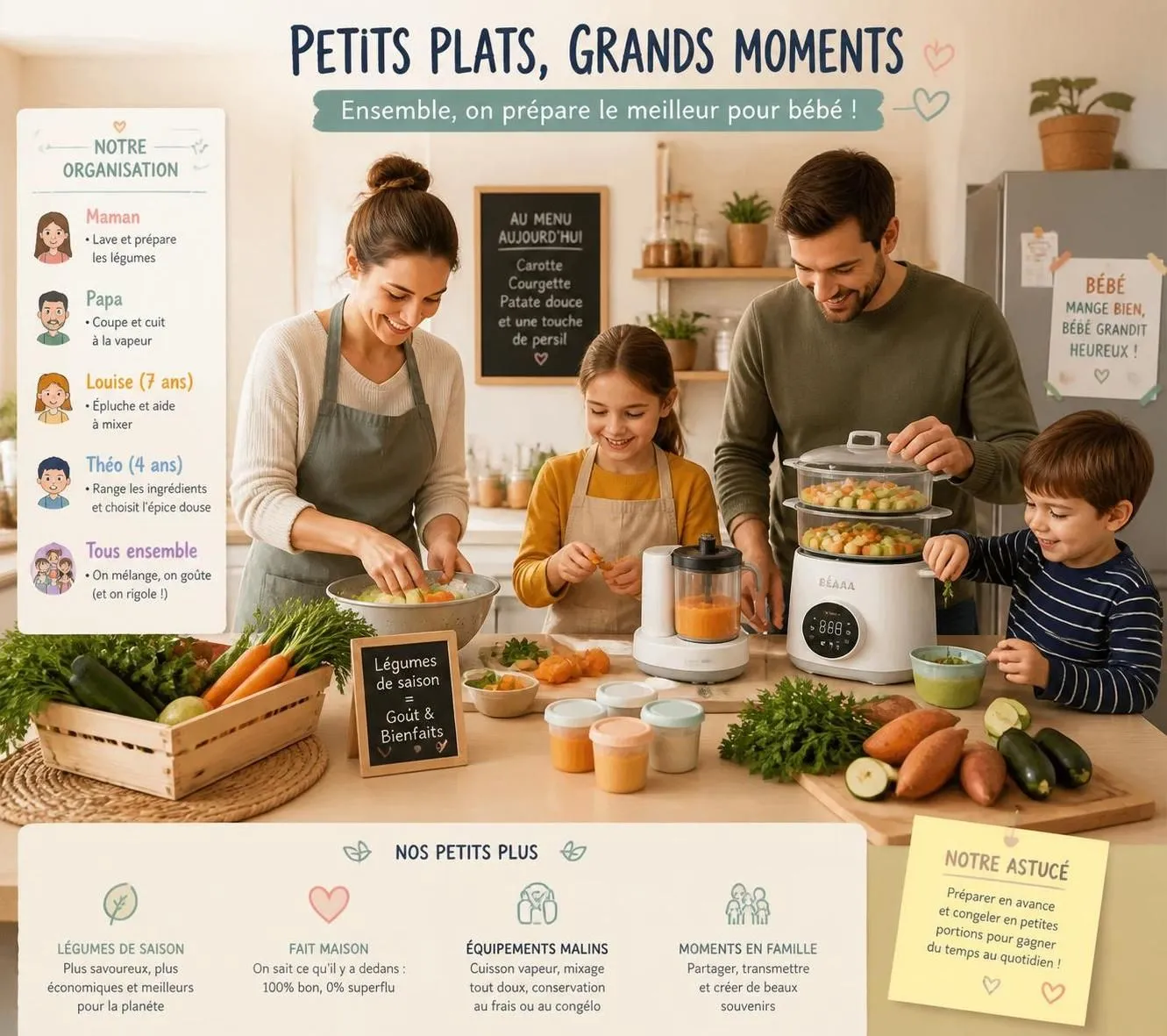 découvrez comment préparer rapidement des purées saine pour bébé grâce au batch cooking : gagnez du temps en cuisinant toutes les purées de la semaine en moins d'une heure.
