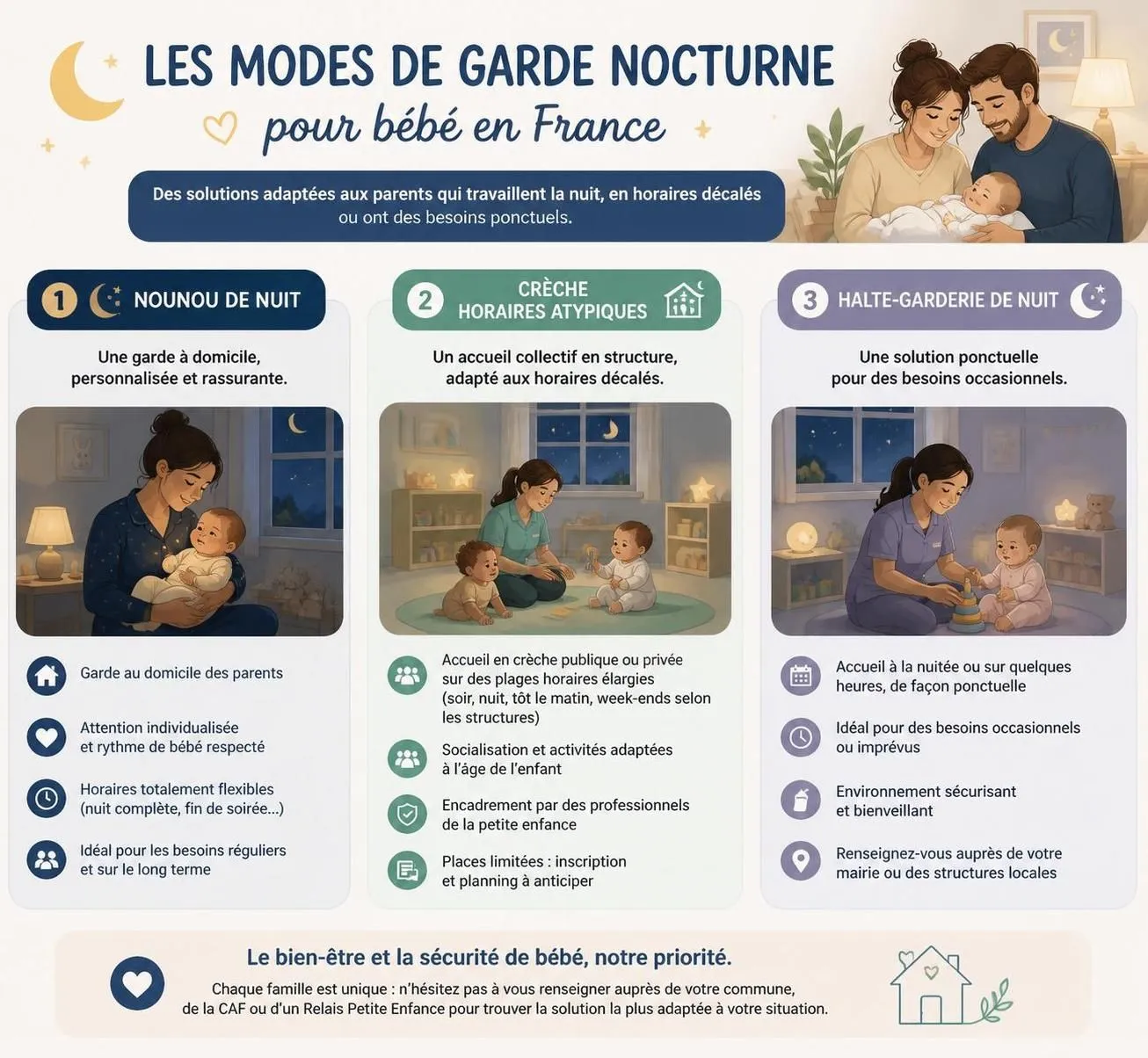 découvrez comment faire garder votre bébé la nuit grâce aux crèches aux horaires atypiques, baby-sitters disponibles 24h/24 et haltes-garderies adaptées à vos besoins.
