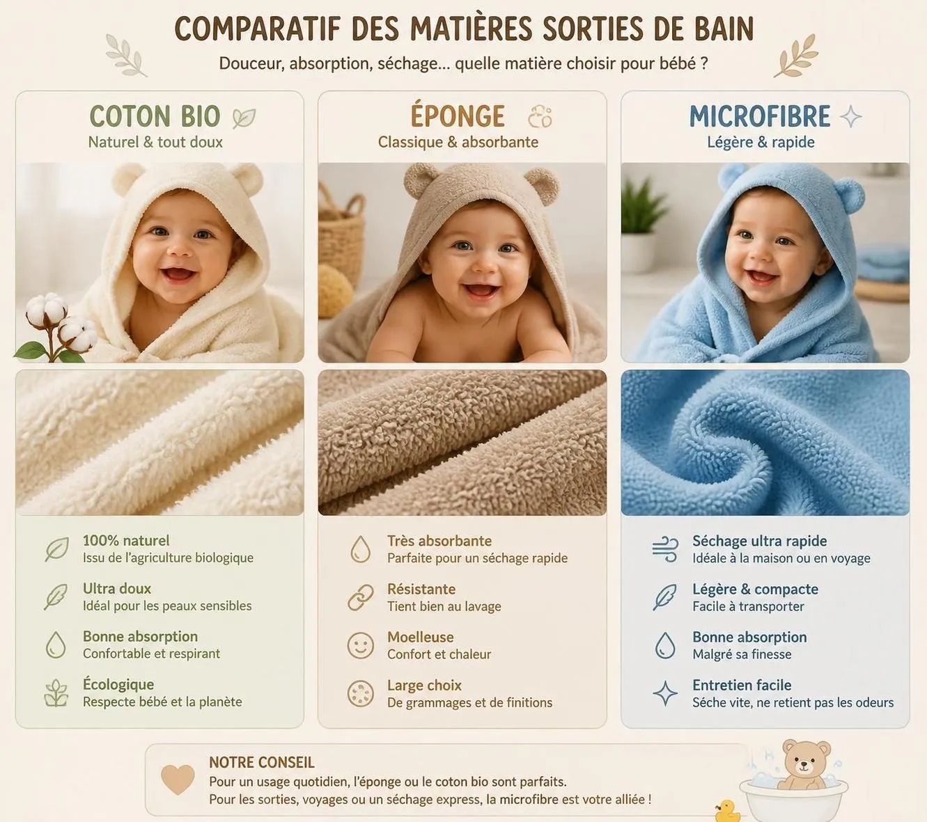 découvrez comment choisir la matière idéale pour la sortie de bain de votre bébé, cape ou serviette, et explorez notre sélection 2026 pour allier douceur et praticité.